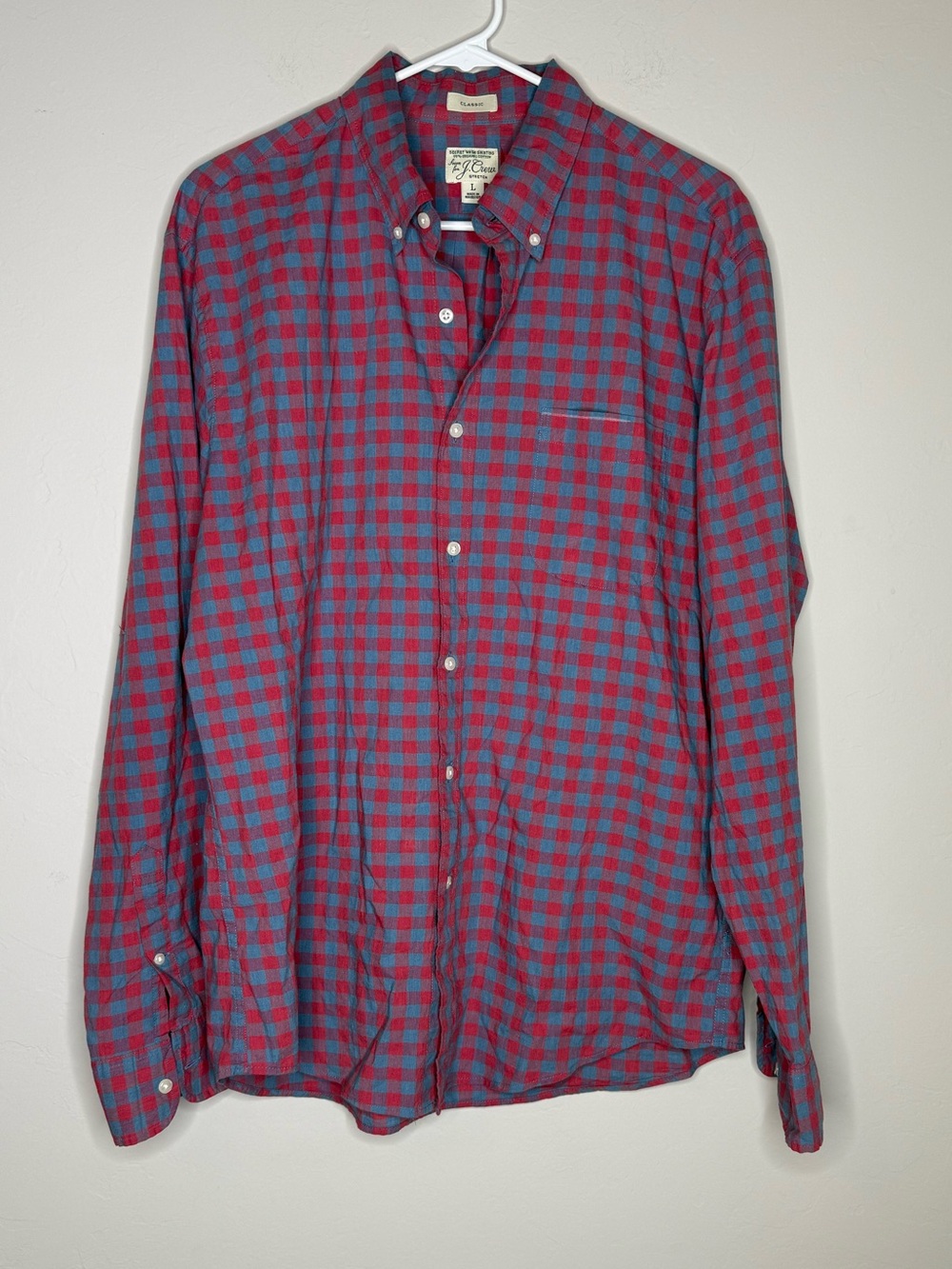 J. Crew Men’s stretch secret wash shirt in organic cotton blue and red gingham L